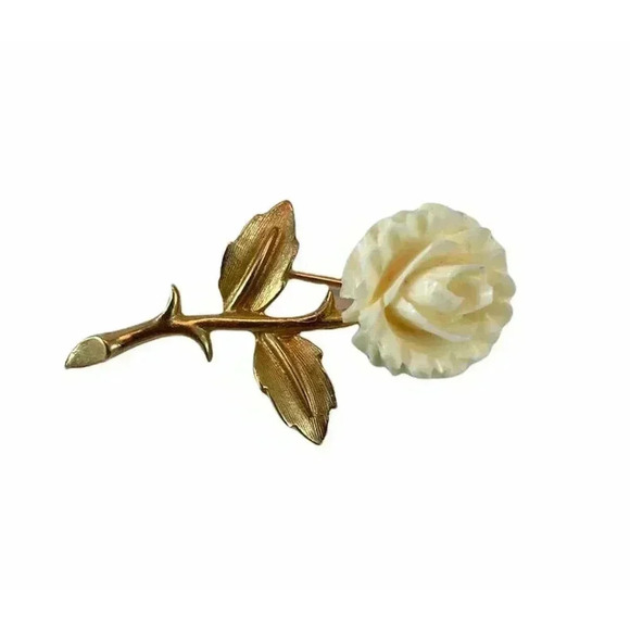 VTG Beige Flower Gold Tone Metal Brooch Pin Plastic Rose - Picture 6 of 10